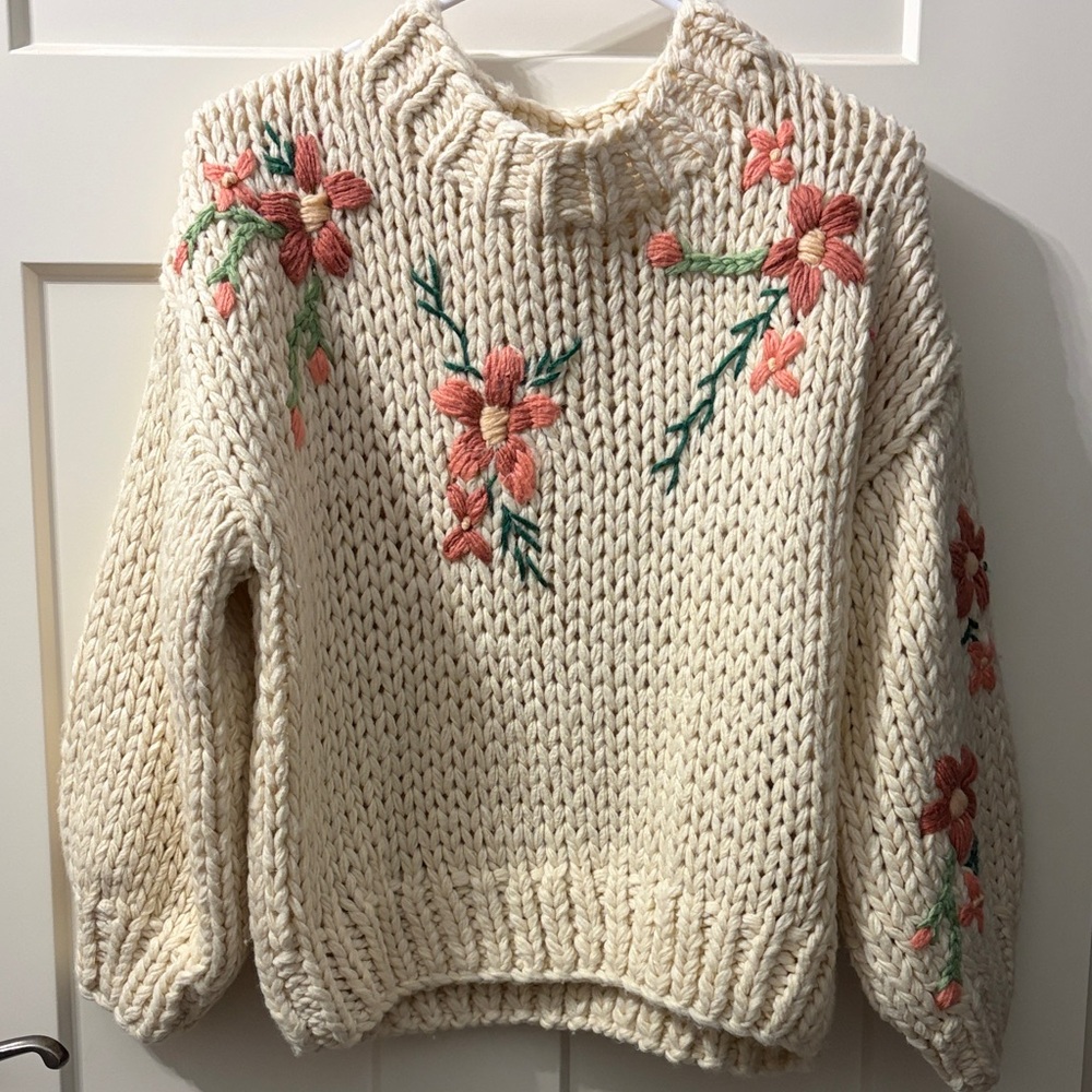 Listicle Cream Knit Cowl Sweater with Pink Floral Embroidery